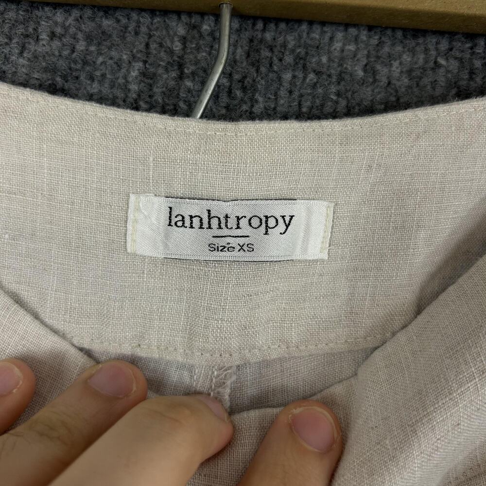 Lanhtropy Pants XS Gypsy Linen Denim Flare Ruffle High Waist Beige Boho Hippie - Picture 6 of 13